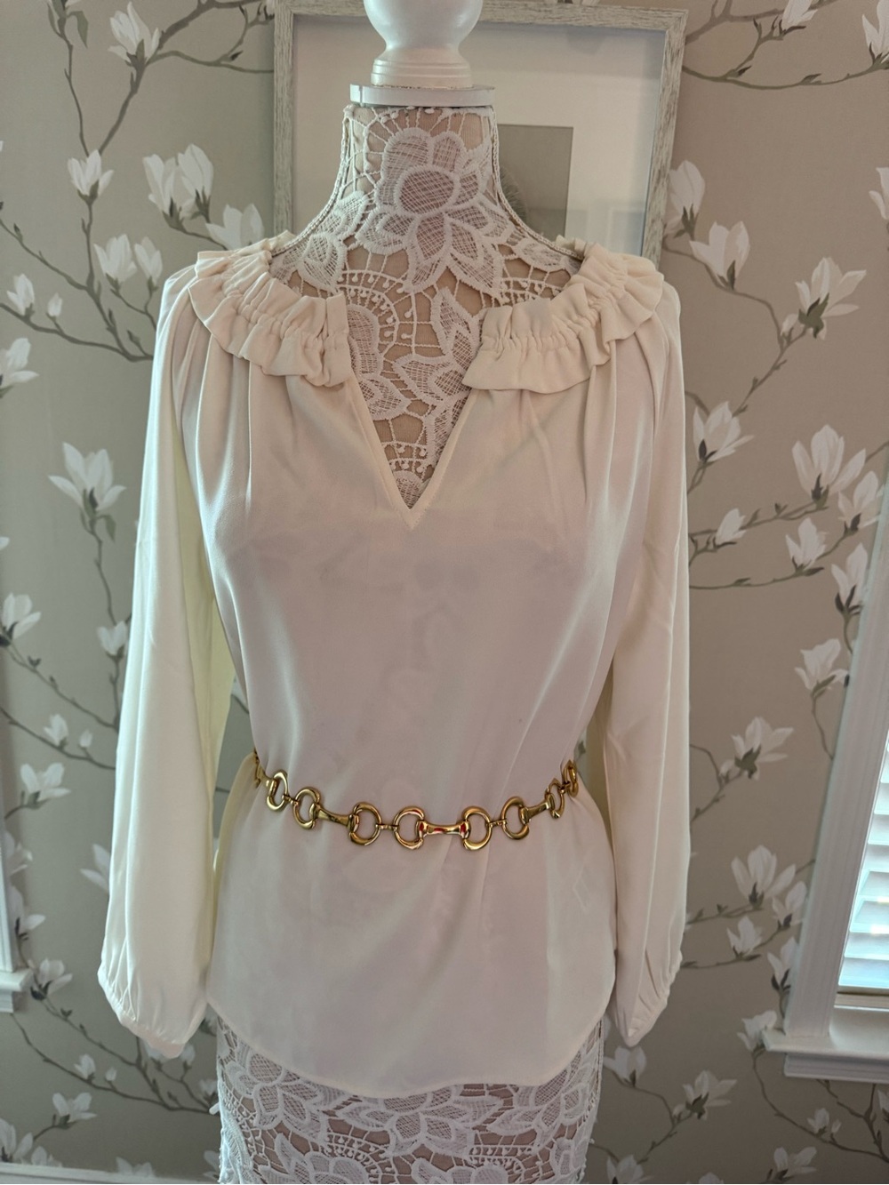J. Crew Cream Ruffle V-Neck Long-Sleeve Blouse
